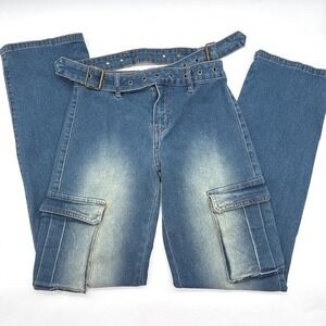 Fashion Nova Belted Cargo Jeans Bullet Belt‎ Utility Y2K Blue Denim Womens 3